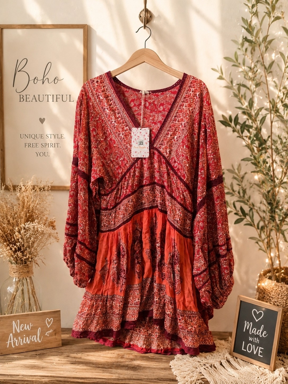 Free People Red Paisley Boho V-Neck Tunic